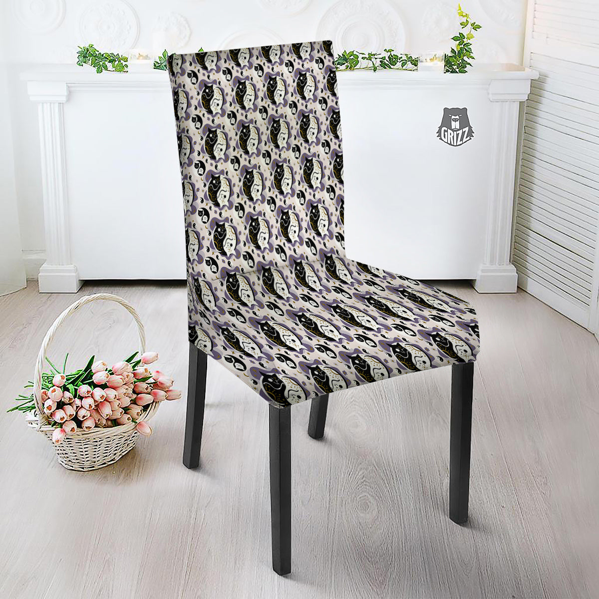Yin Yang Black And White Cat Sleep Print Pattern Dining Chair Slipcover-grizzshop