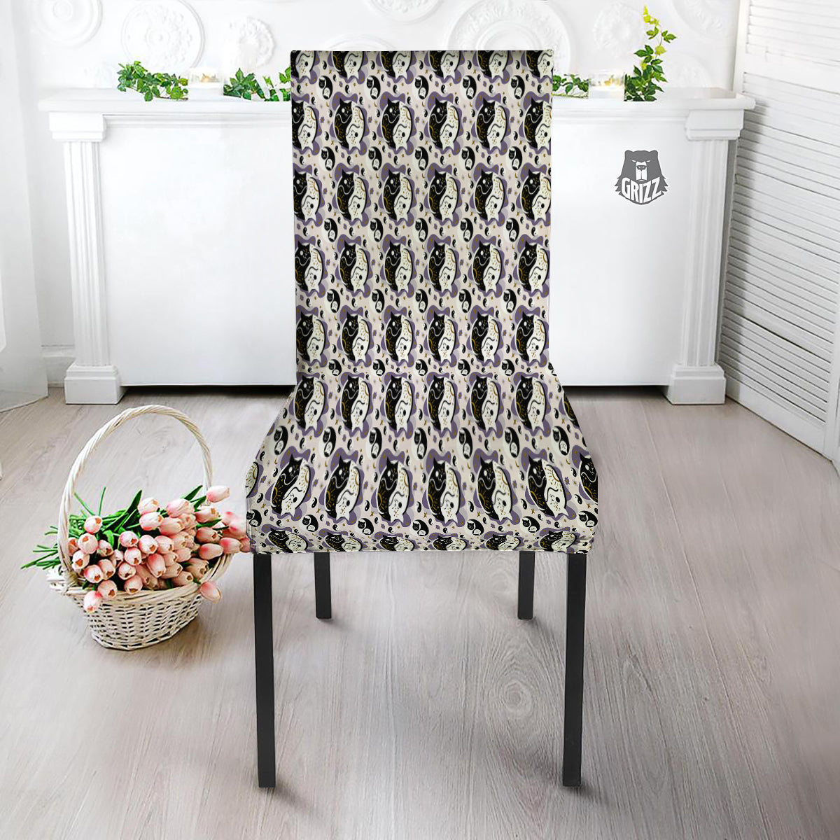 Yin Yang Black And White Cat Sleep Print Pattern Dining Chair Slipcover-grizzshop