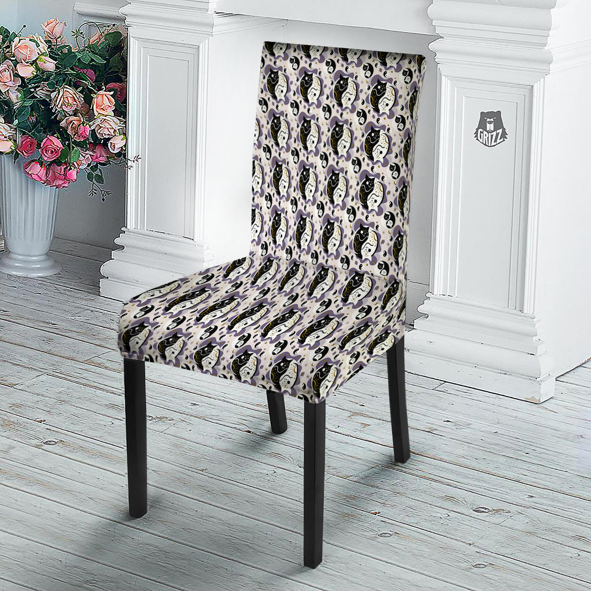Yin Yang Black And White Cat Sleep Print Pattern Dining Chair Slipcover-grizzshop