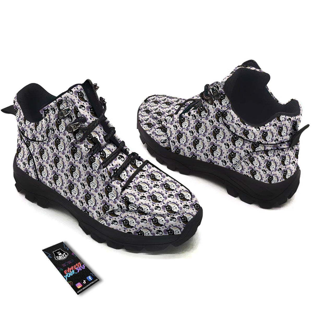 Yin Yang Black And White Cat Sleep Print Pattern Hiking Shoes-grizzshop
