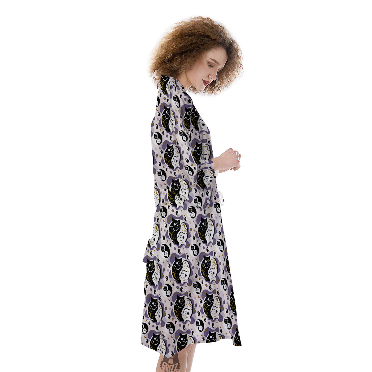 Yin Yang Black And White Cat Sleep Print Pattern Kimono-grizzshop