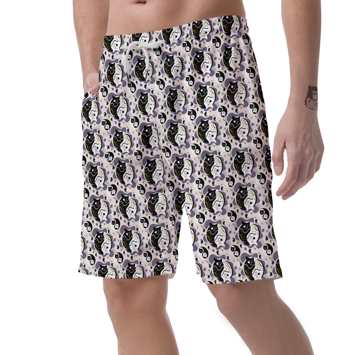 Yin Yang Black And White Cat Sleep Print Pattern Men's Shorts-grizzshop