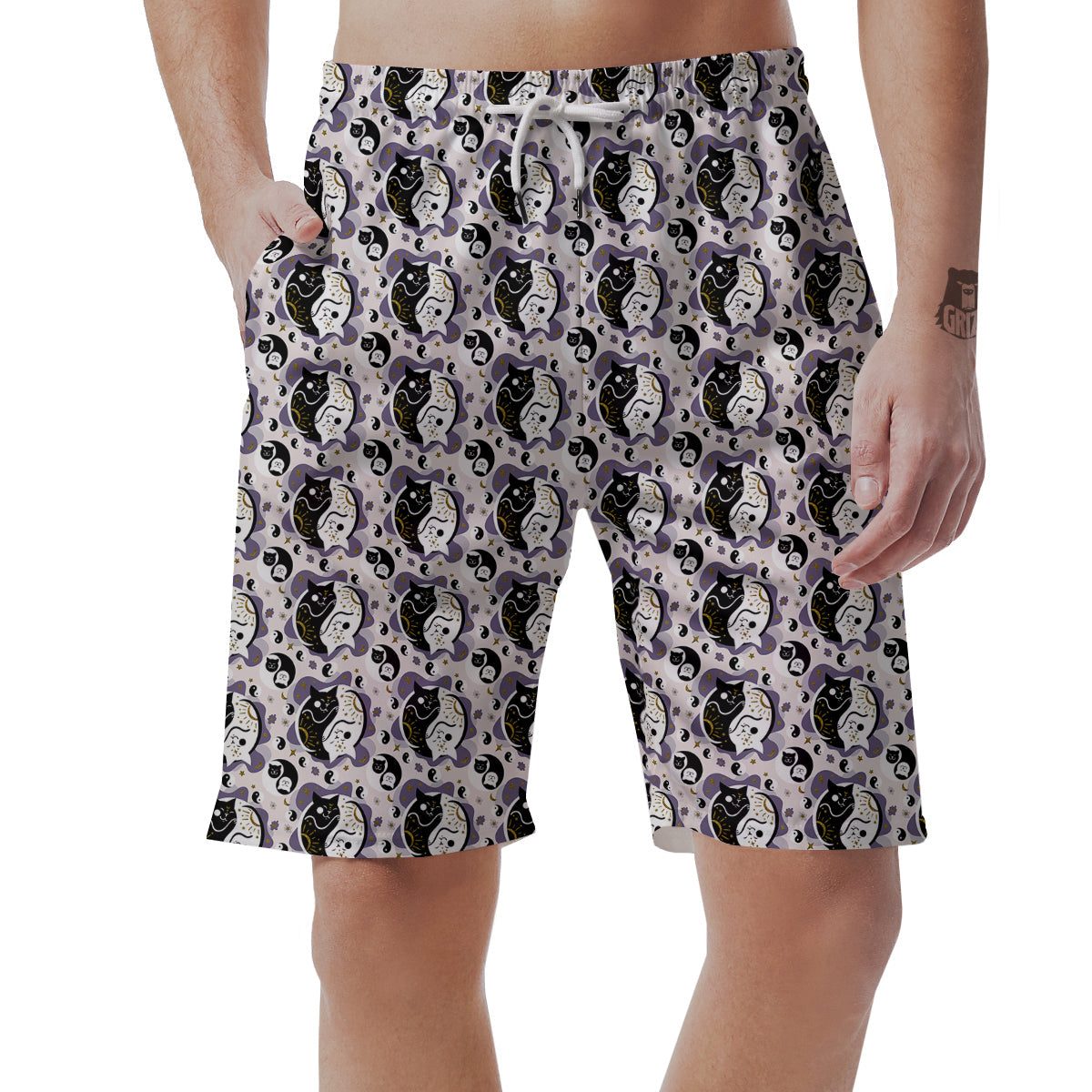 Yin Yang Black And White Cat Sleep Print Pattern Men's Shorts-grizzshop