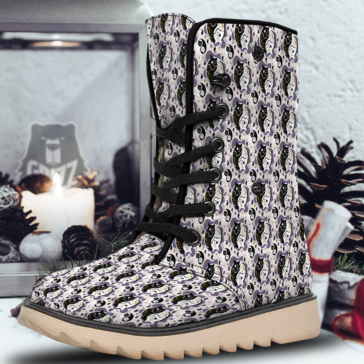 Yin Yang Black And White Cat Sleep Print Pattern Snow Boots-grizzshop