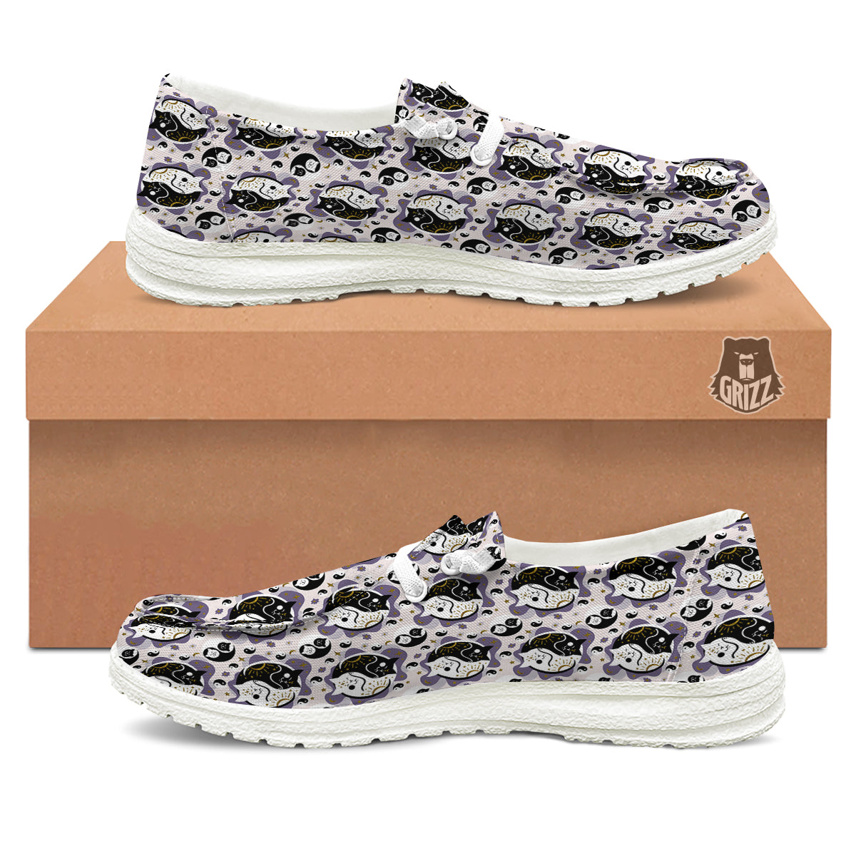 Yin Yang Black And White Cat Sleep Print Pattern White Loafers-grizzshop