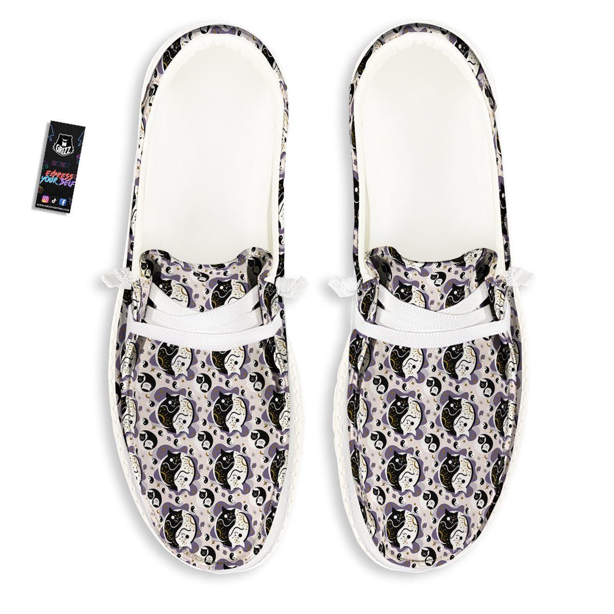 Yin Yang Black And White Cat Sleep Print Pattern White Loafers-grizzshop