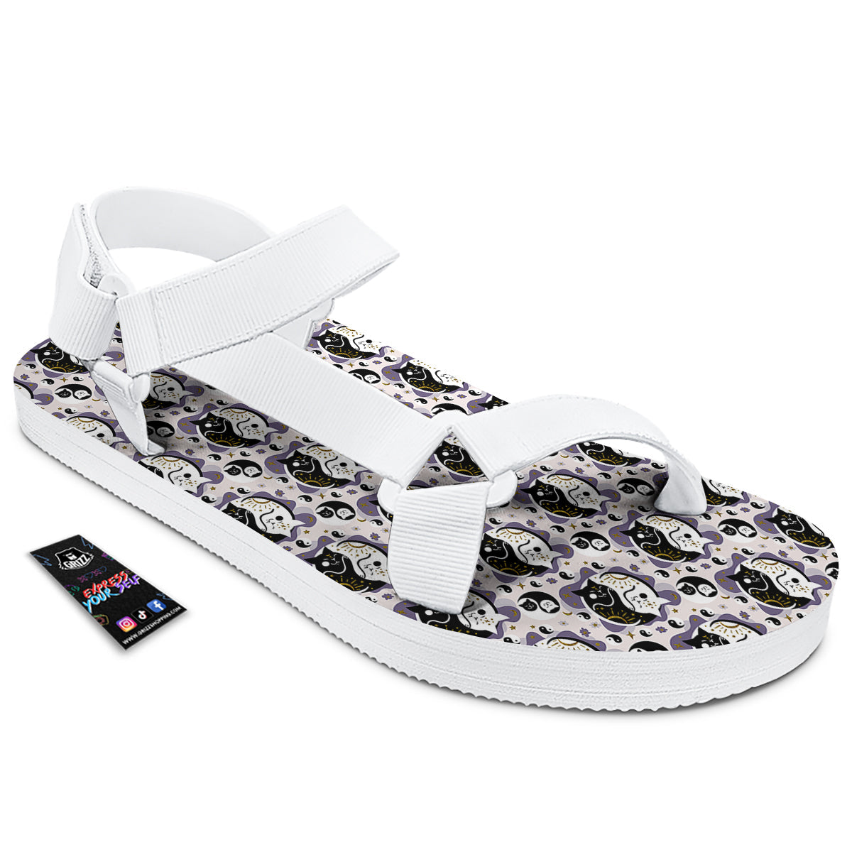 Yin Yang Black And White Cat Sleep Print Pattern White Open Toe Sandals-grizzshop