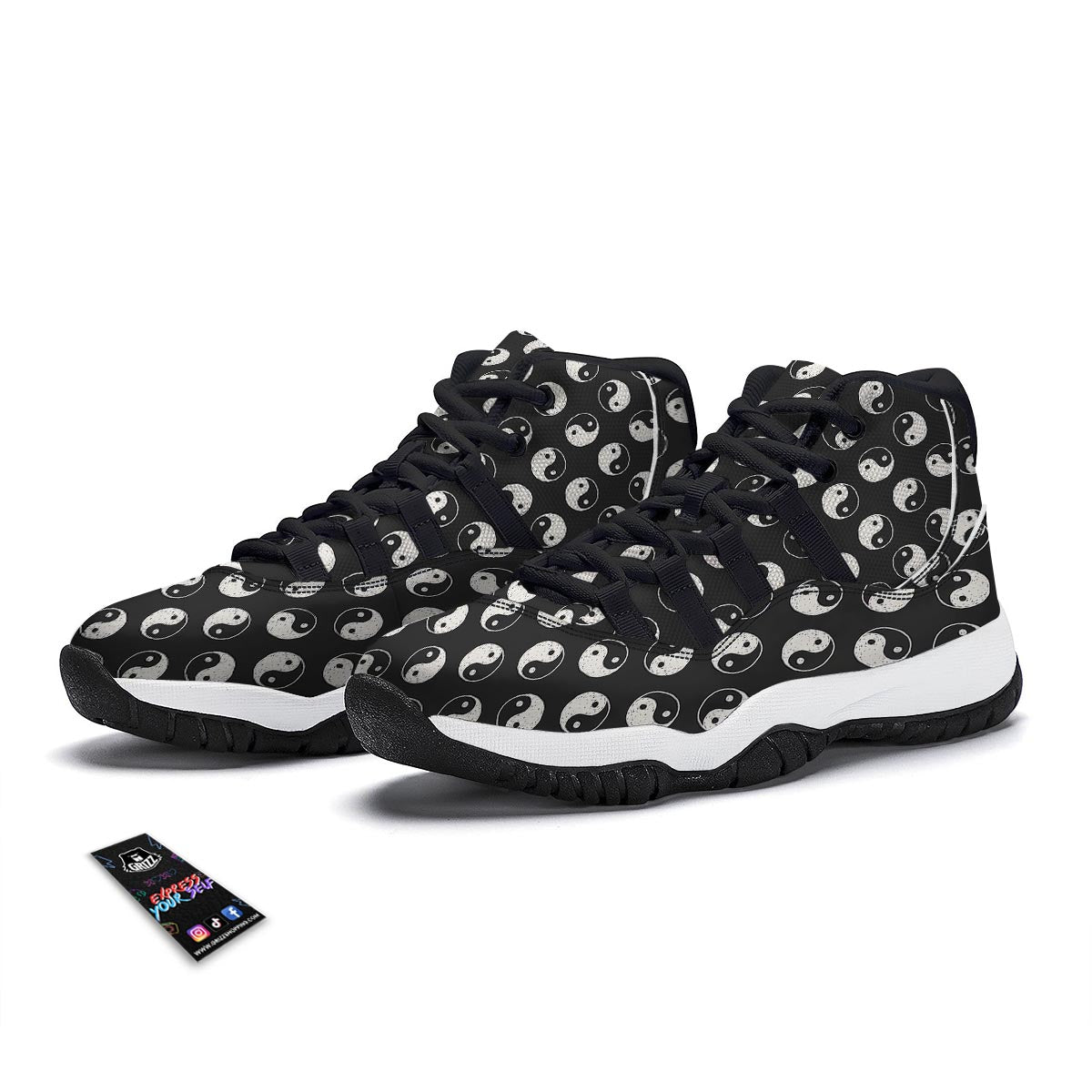 Yin Yang Black Pattern Print Black Bball Shoes-grizzshop