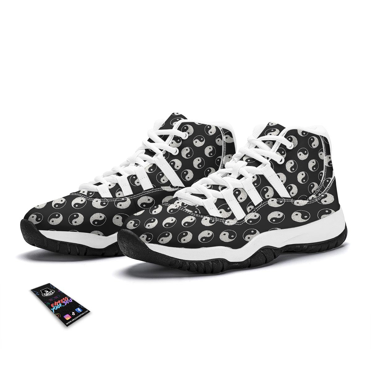 Yin Yang Black Pattern Print White Bball Shoes-grizzshop