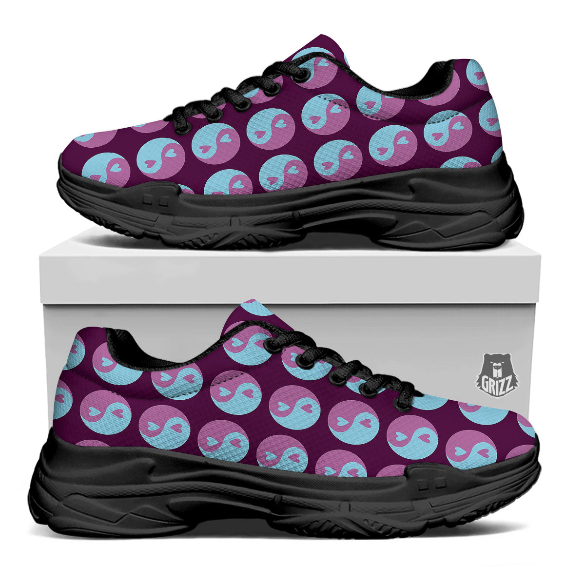 Yin Yang Blue And Purple Print Black Chunky Shoes-grizzshop