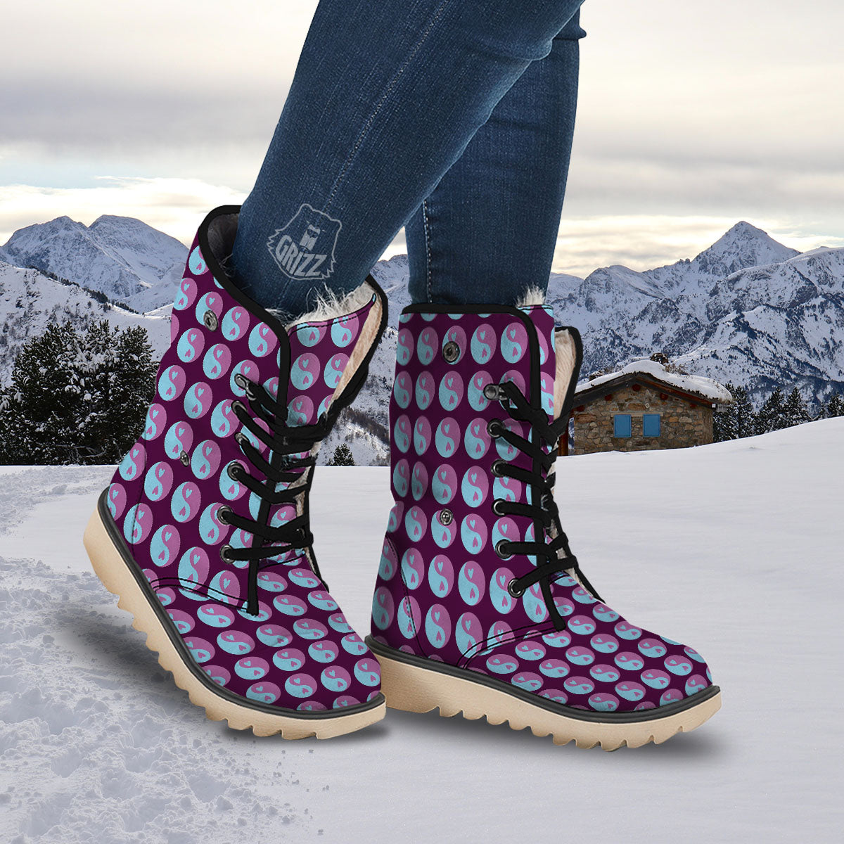 Yin Yang Blue And Purple Print Snow Boots-grizzshop