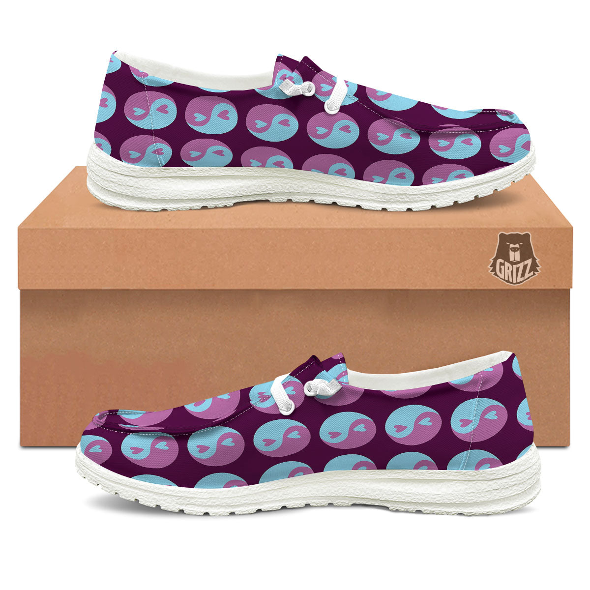 Yin Yang Blue And Purple Print White Loafers-grizzshop