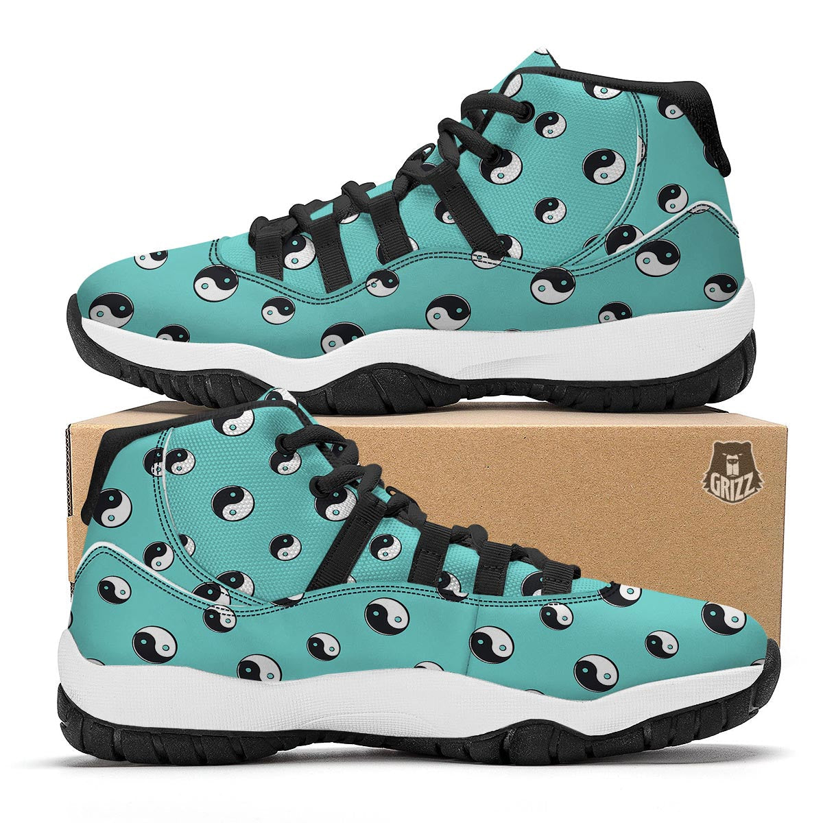 Yin Yang Blue Pattern Print Black Bball Shoes-grizzshop