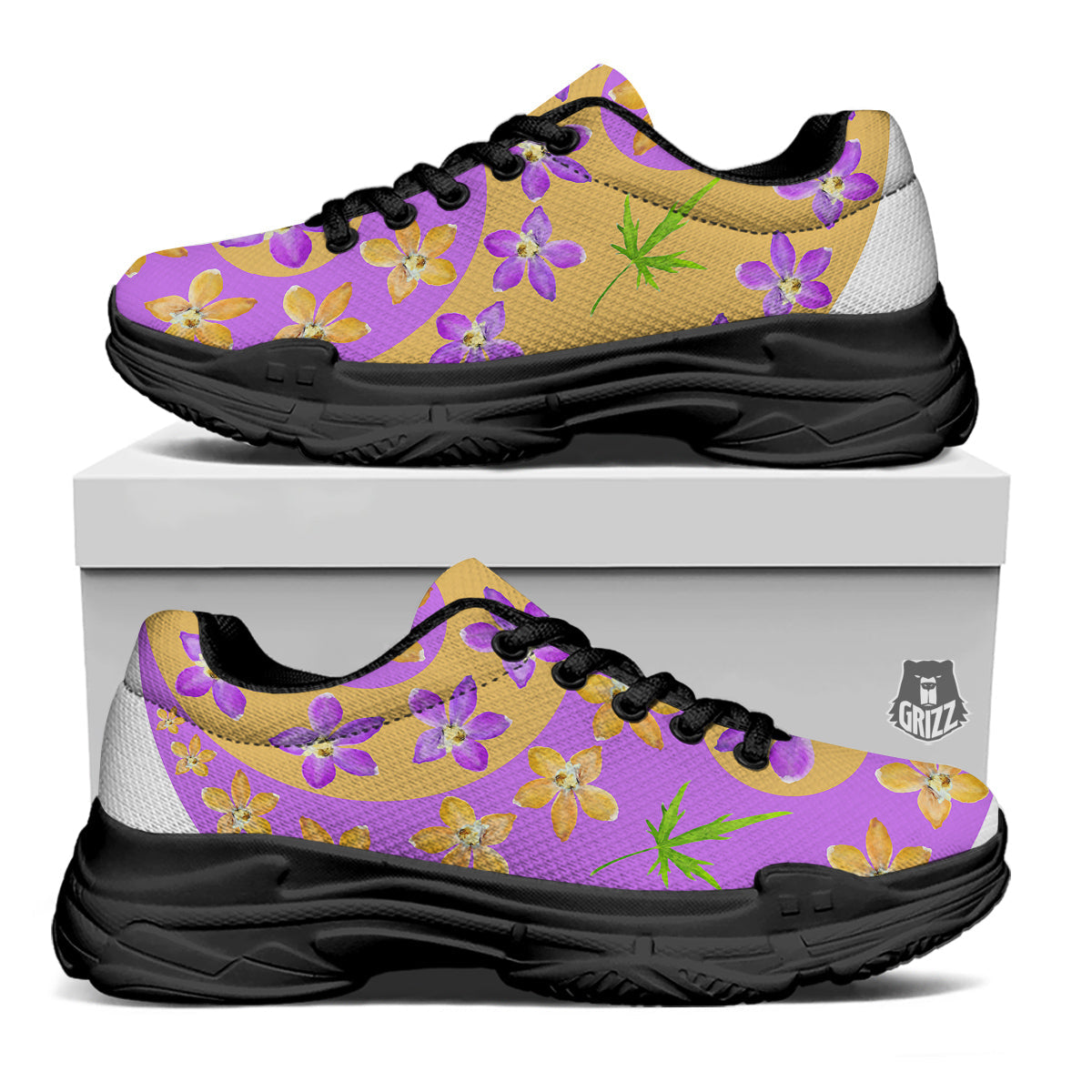 Yin Yang Colorful Flowers Print Black Chunky Shoes-grizzshop