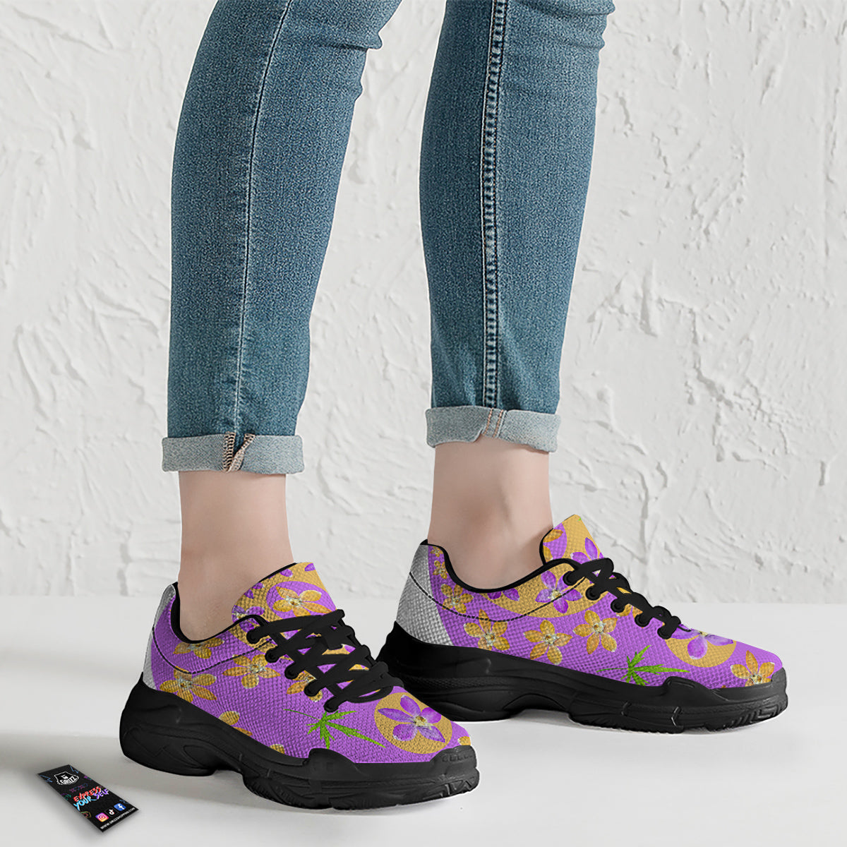 Yin Yang Colorful Flowers Print Black Chunky Shoes-grizzshop