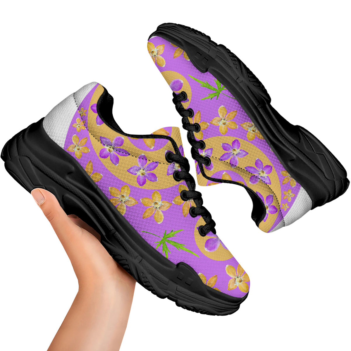 Yin Yang Colorful Flowers Print Black Chunky Shoes-grizzshop