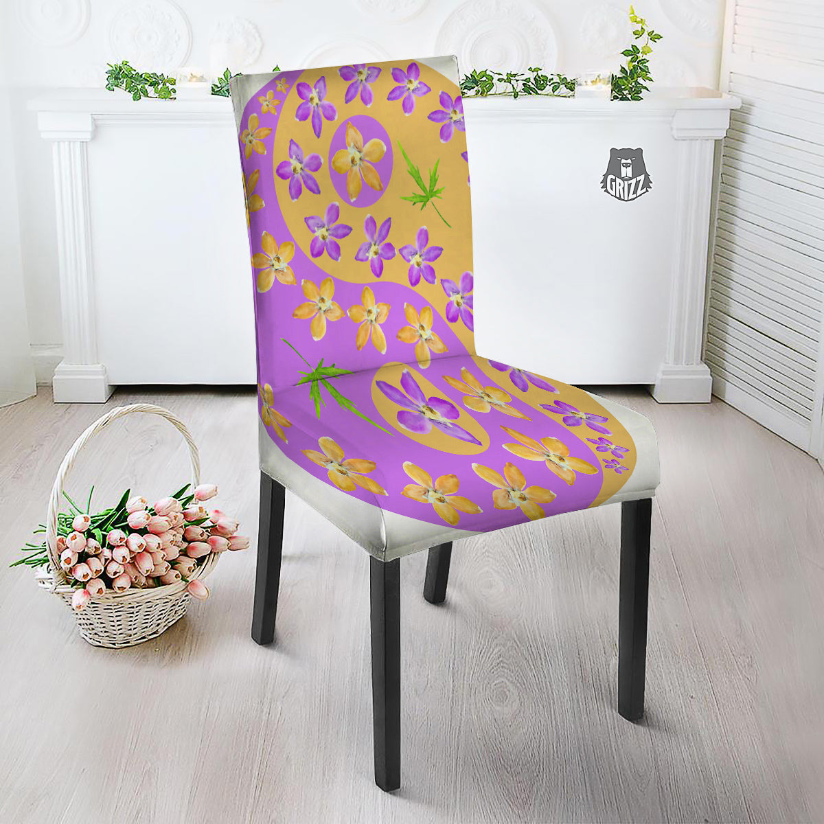 Yin Yang Colorful Flowers Print Dining Chair Slipcover-grizzshop