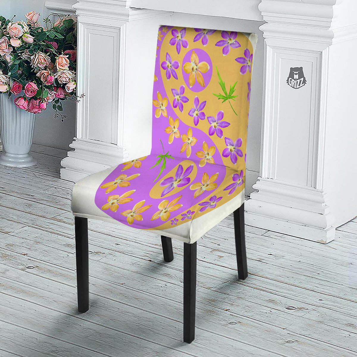 Yin Yang Colorful Flowers Print Dining Chair Slipcover-grizzshop