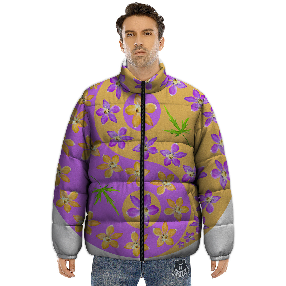 Yin Yang Colorful Flowers Print Puffer Jacket-grizzshop
