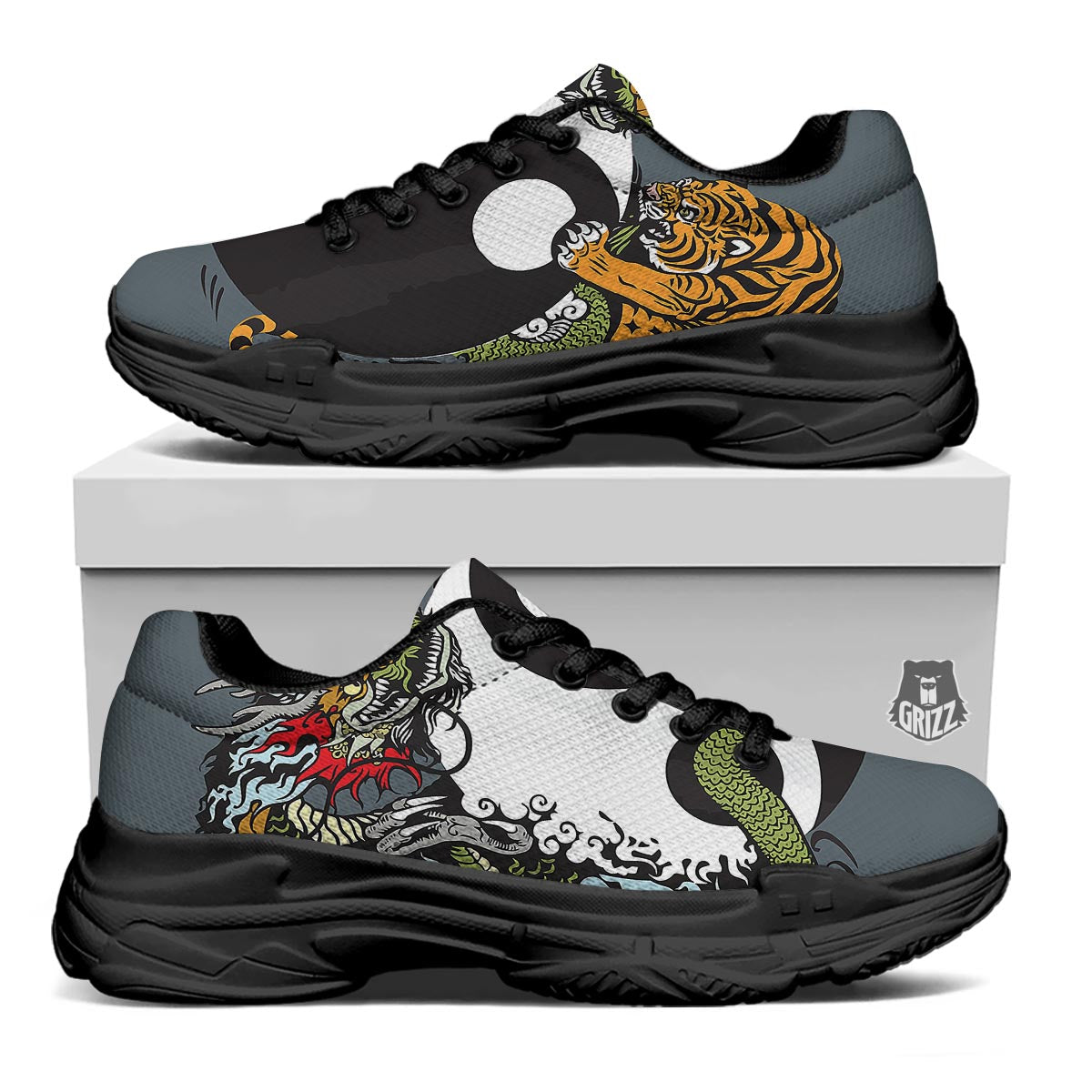 Yin Yang Dragon And Tiger Print Black Chunky Shoes-grizzshop