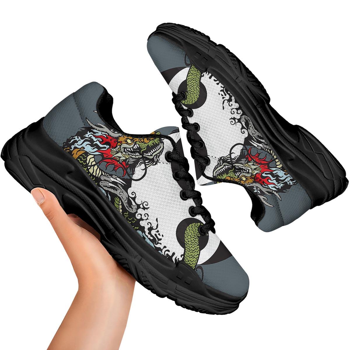 Yin Yang Dragon And Tiger Print Black Chunky Shoes-grizzshop