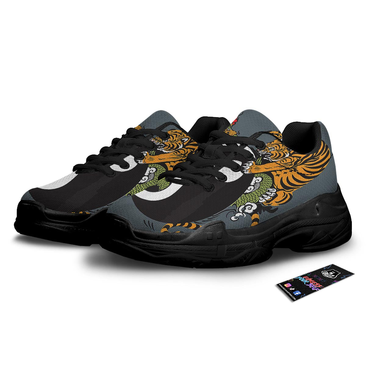Yin Yang Dragon And Tiger Print Black Chunky Shoes-grizzshop