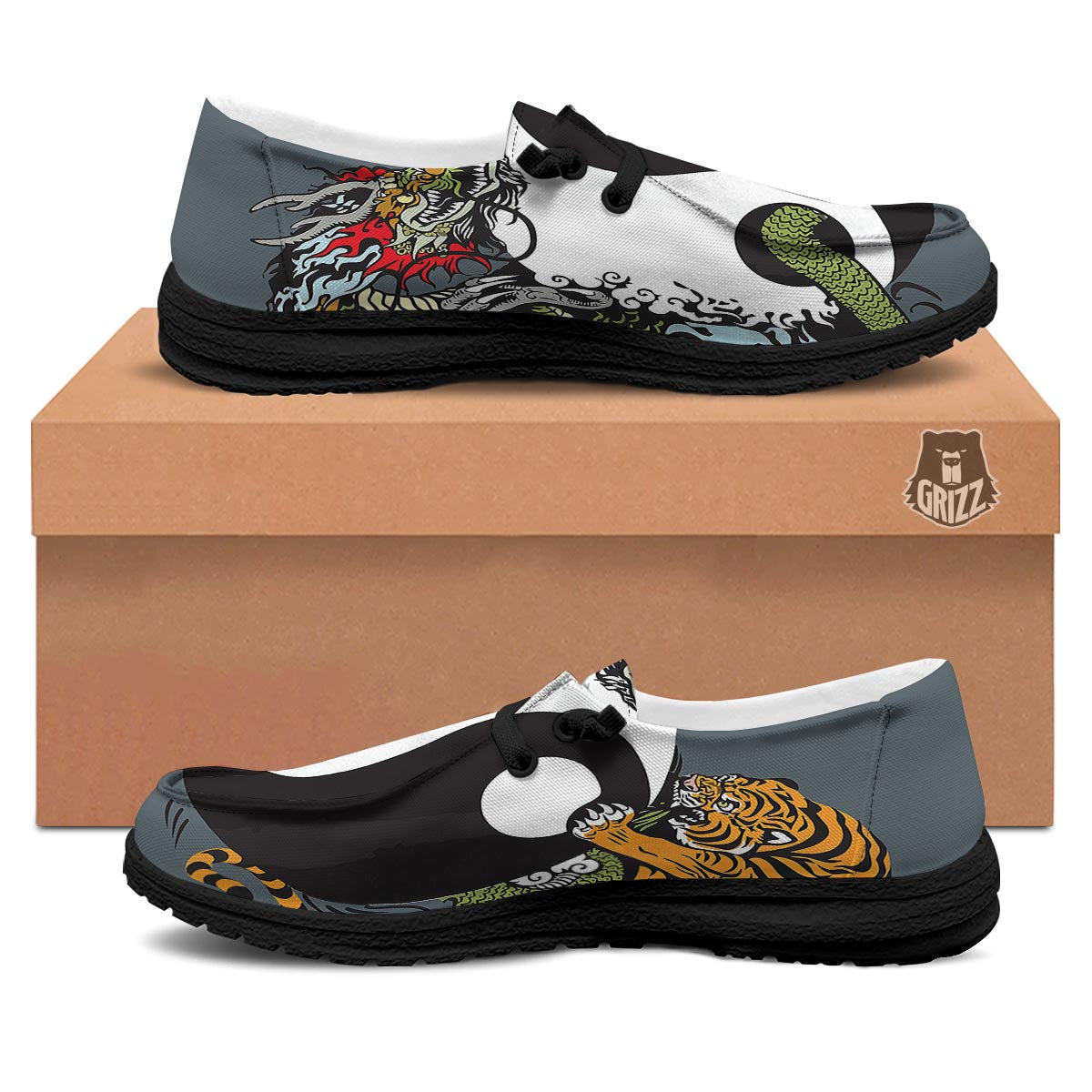 Yin Yang Dragon And Tiger Print Black Loafers-grizzshop