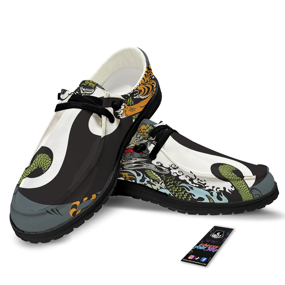Yin Yang Dragon And Tiger Print Black Loafers-grizzshop