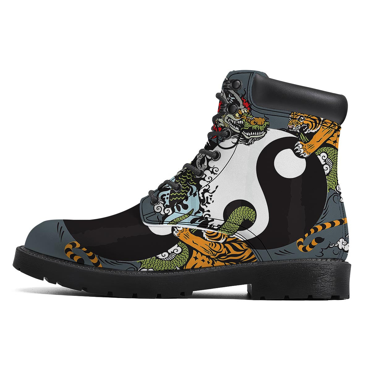 Yin Yang Dragon And Tiger Print Boots-grizzshop