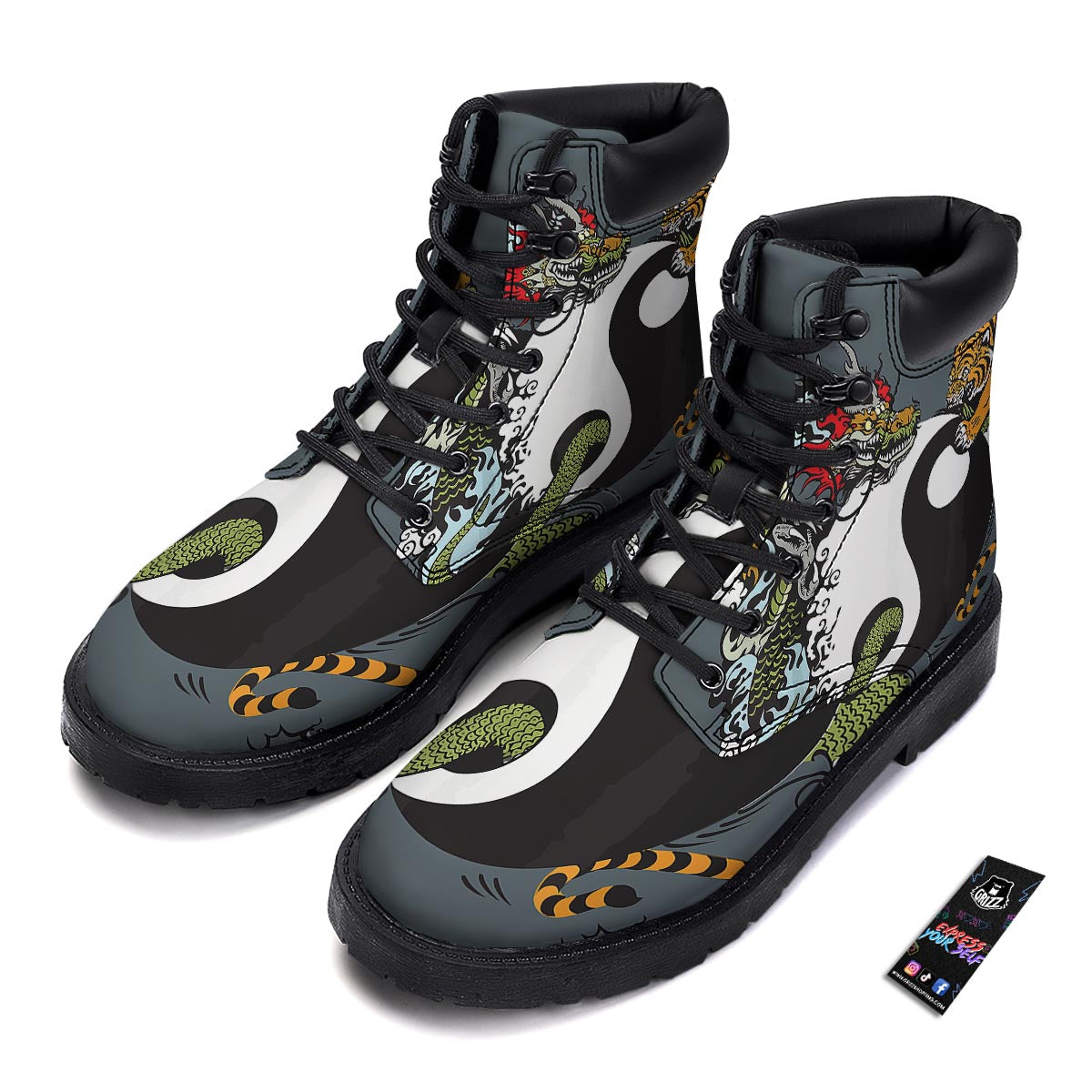 Yin Yang Dragon And Tiger Print Boots-grizzshop