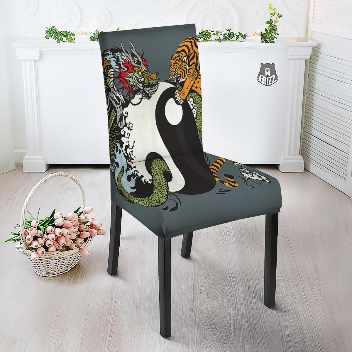 Yin Yang Dragon And Tiger Print Dining Chair Slipcover-grizzshop