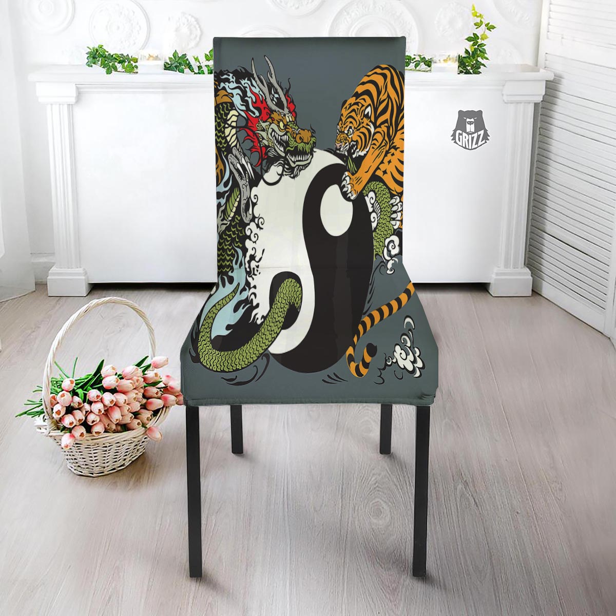 Yin Yang Dragon And Tiger Print Dining Chair Slipcover-grizzshop