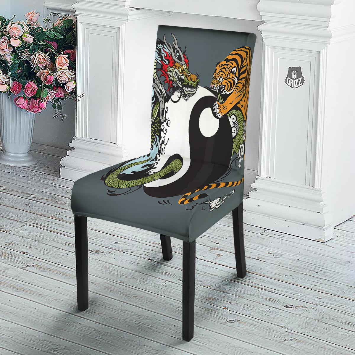 Yin Yang Dragon And Tiger Print Dining Chair Slipcover-grizzshop
