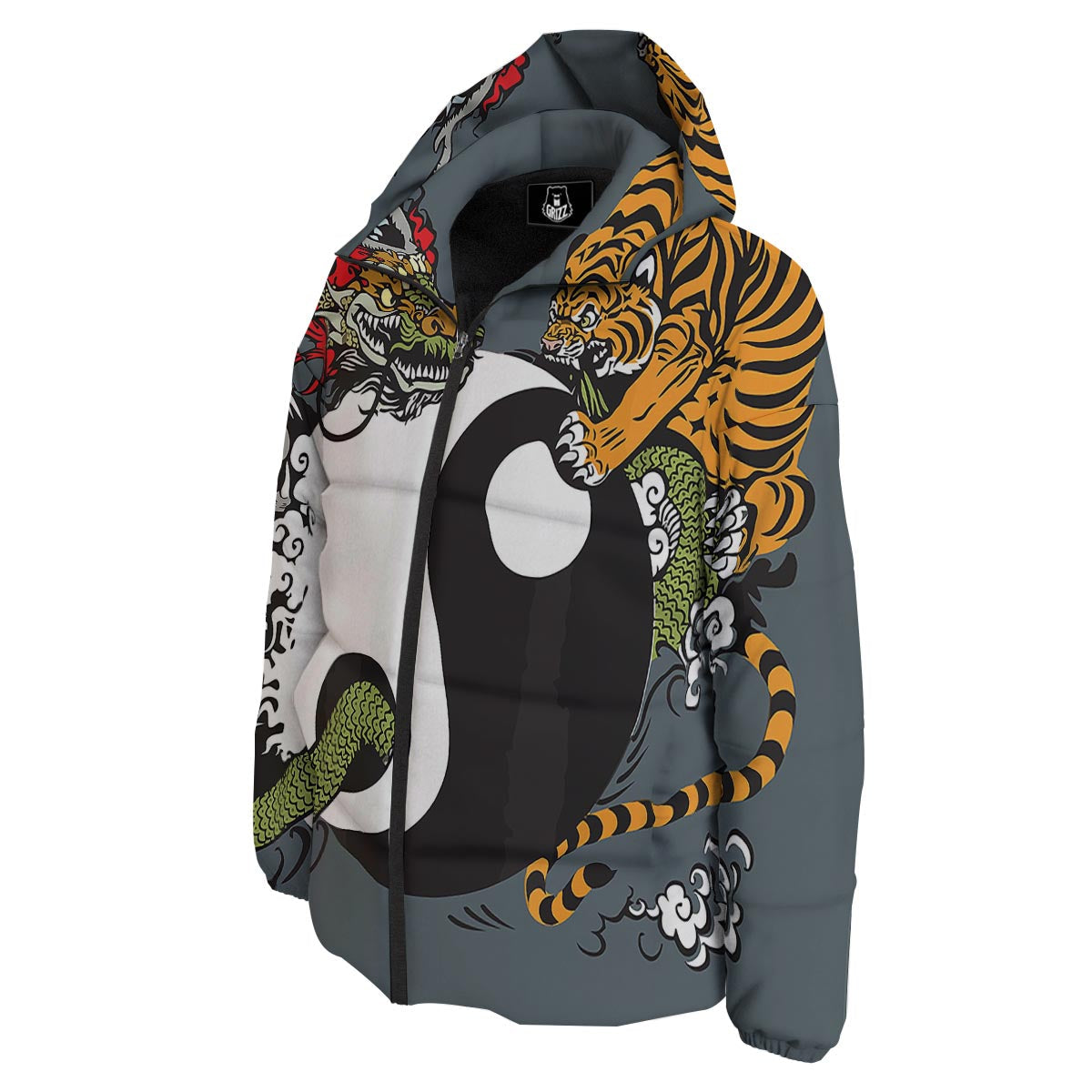 Yin Yang Dragon And Tiger Print Down Jacket-grizzshop