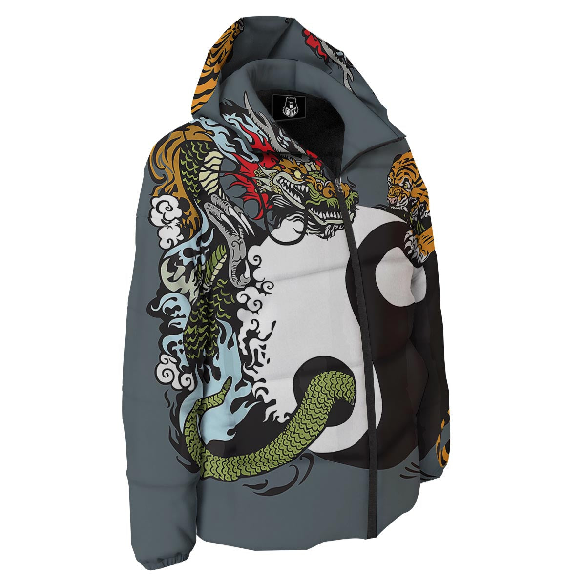 Yin Yang Dragon And Tiger Print Down Jacket-grizzshop