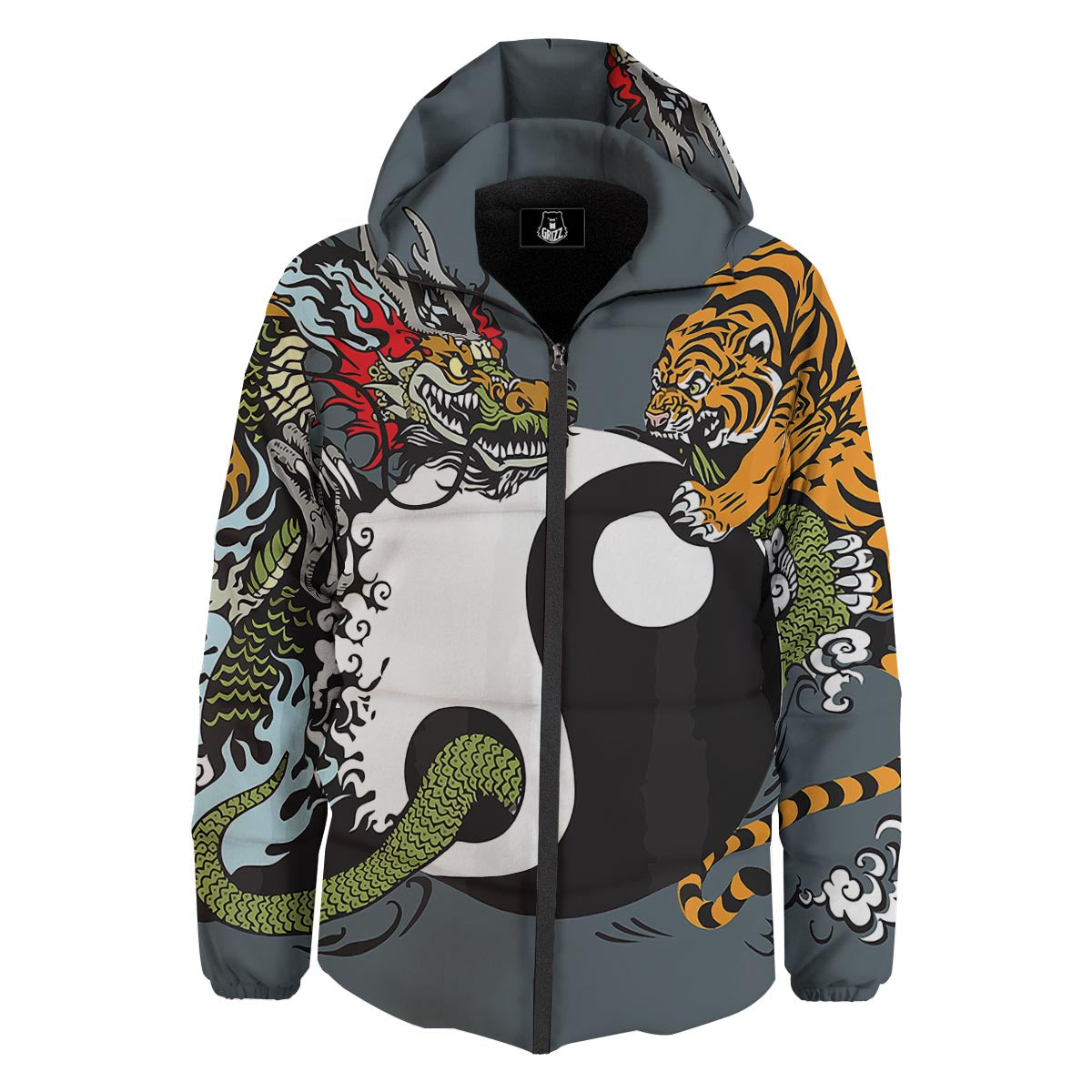 Yin Yang Dragon And Tiger Print Down Jacket-grizzshop