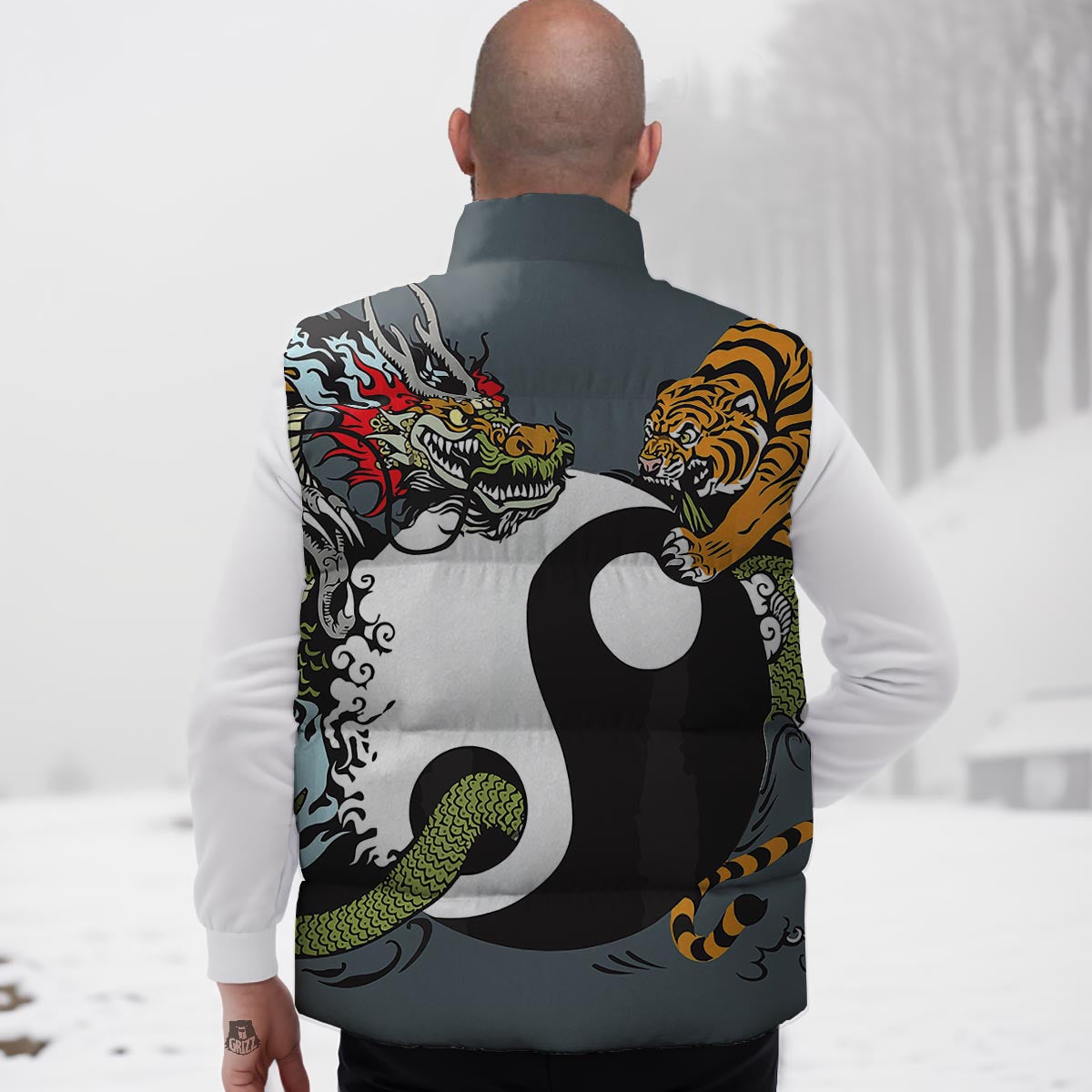Yin Yang Dragon And Tiger Print Down Vest