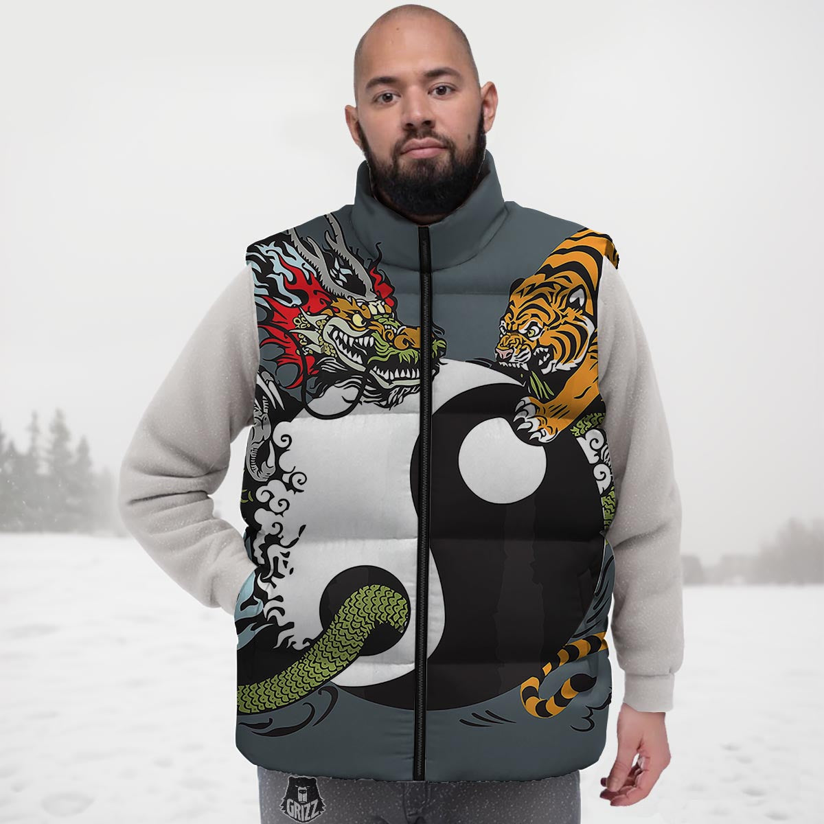 Yin Yang Dragon And Tiger Print Down Vest