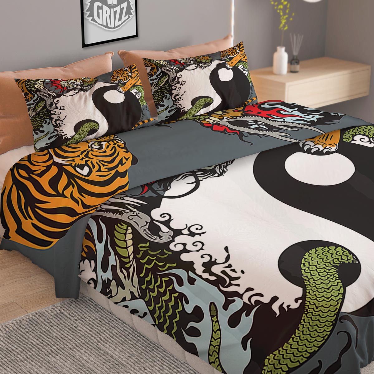 Yin Yang Dragon And Tiger Print Duvet Cover Bedding Set
