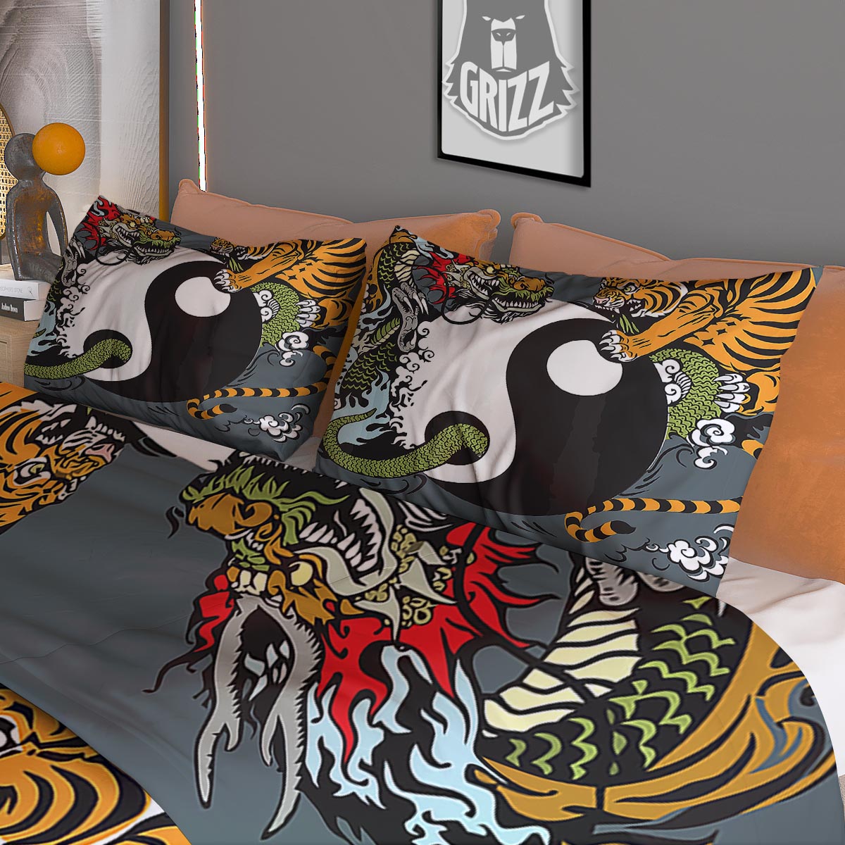 Yin Yang Dragon And Tiger Print Duvet Cover Bedding Set