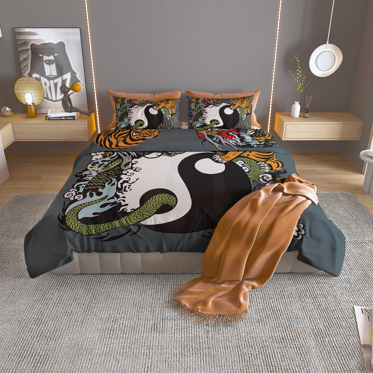 Yin Yang Dragon And Tiger Print Duvet Cover Bedding Set