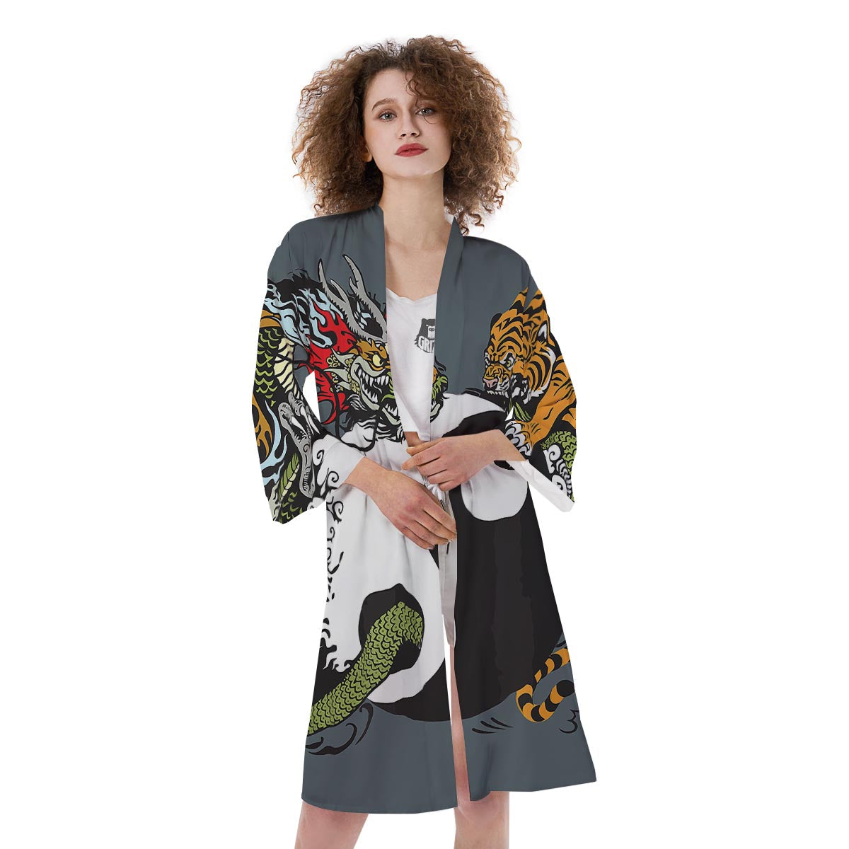 Yin Yang Dragon And Tiger Print Kimono-grizzshop