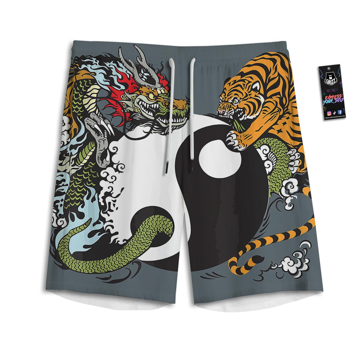 Yin Yang Dragon And Tiger Print Men's Athletic Shorts