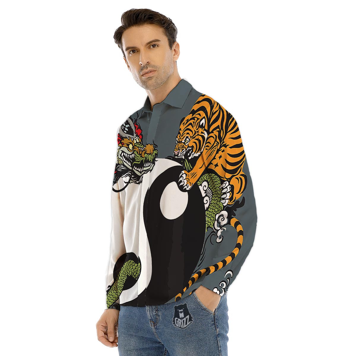 Yin Yang Dragon And Tiger Print Men's Dress Shirts-grizzshop