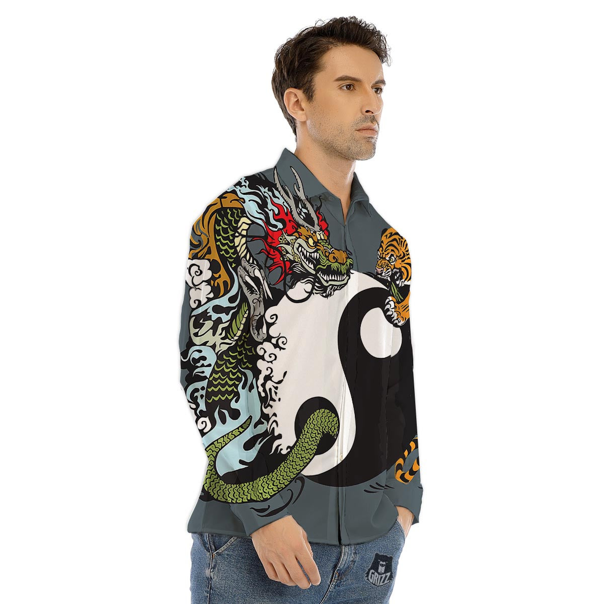 Yin Yang Dragon And Tiger Print Men's Dress Shirts-grizzshop