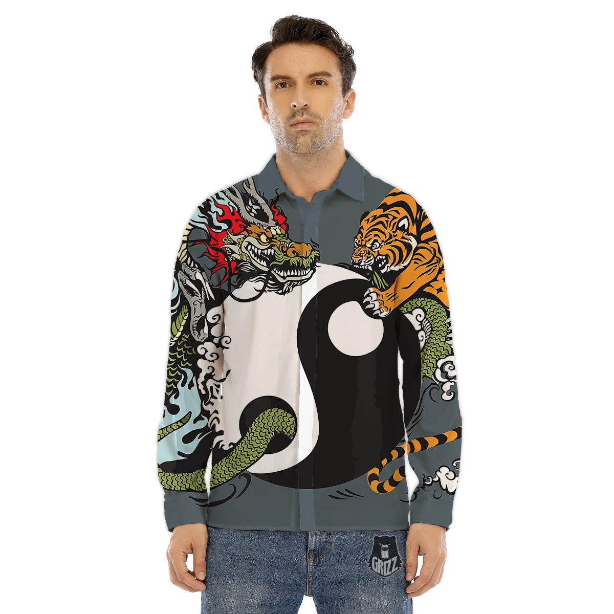 Yin Yang Dragon And Tiger Print Men's Dress Shirts-grizzshop