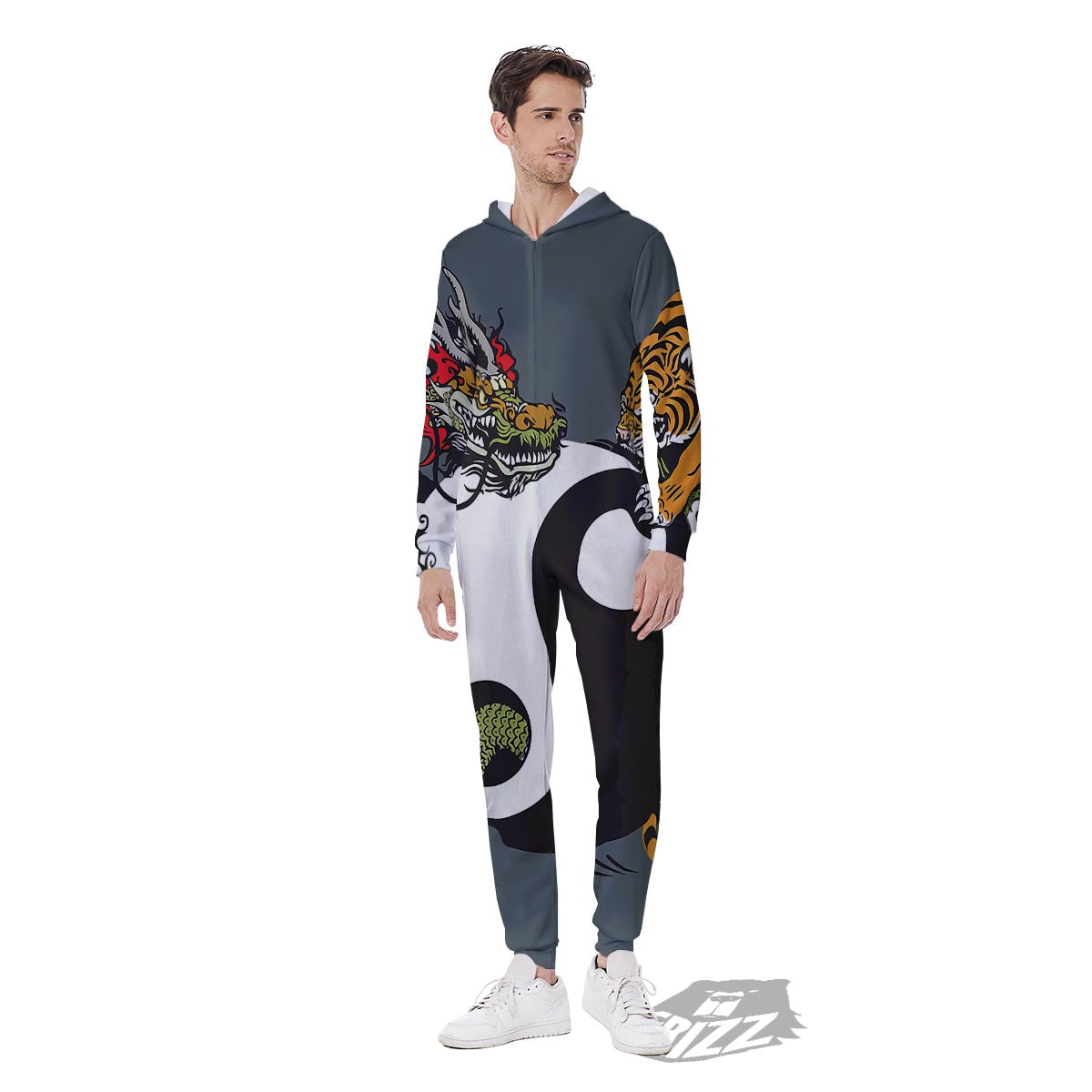 Yin Yang Dragon And Tiger Print Men's Jumpsuit-grizzshop