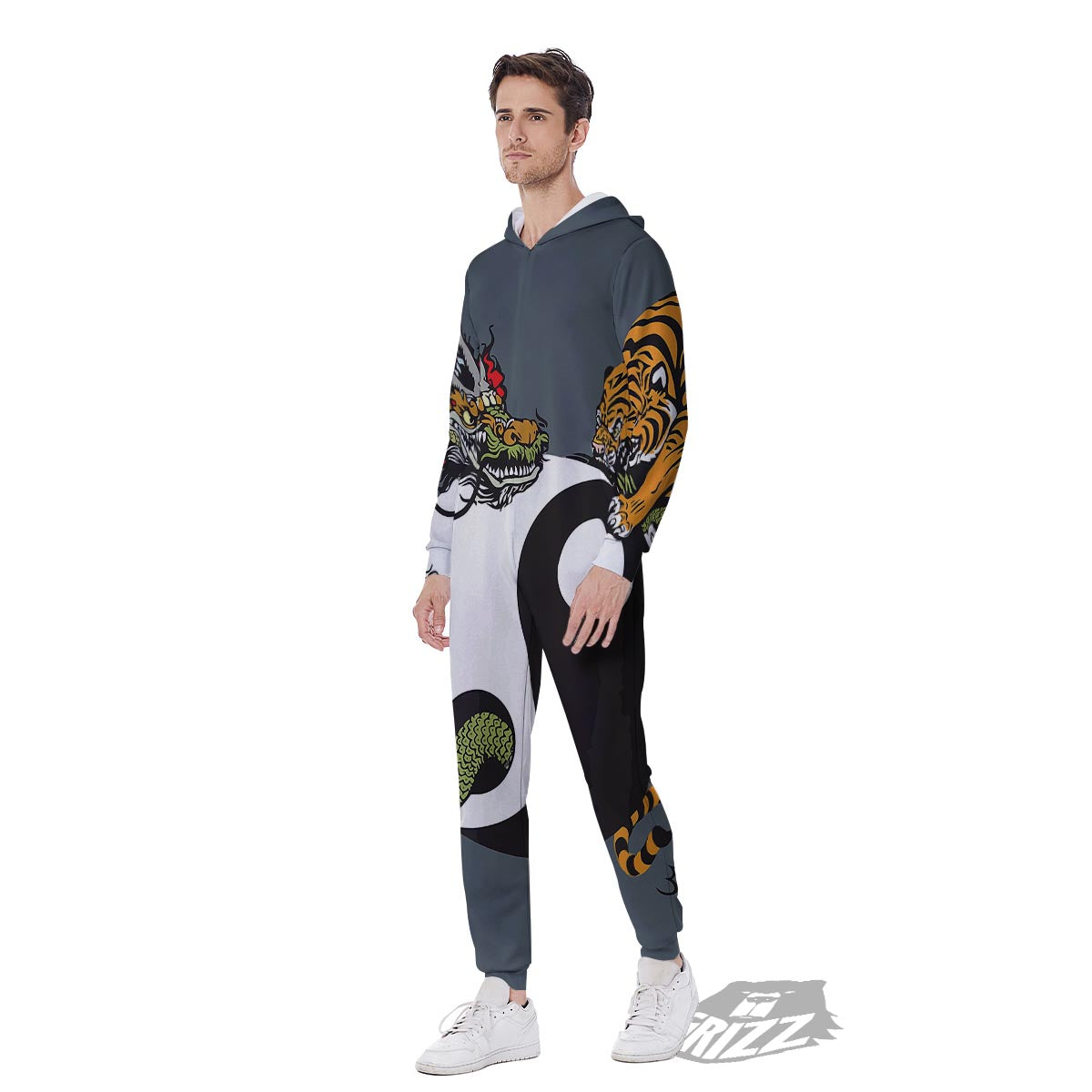 Yin Yang Dragon And Tiger Print Men's Jumpsuit-grizzshop