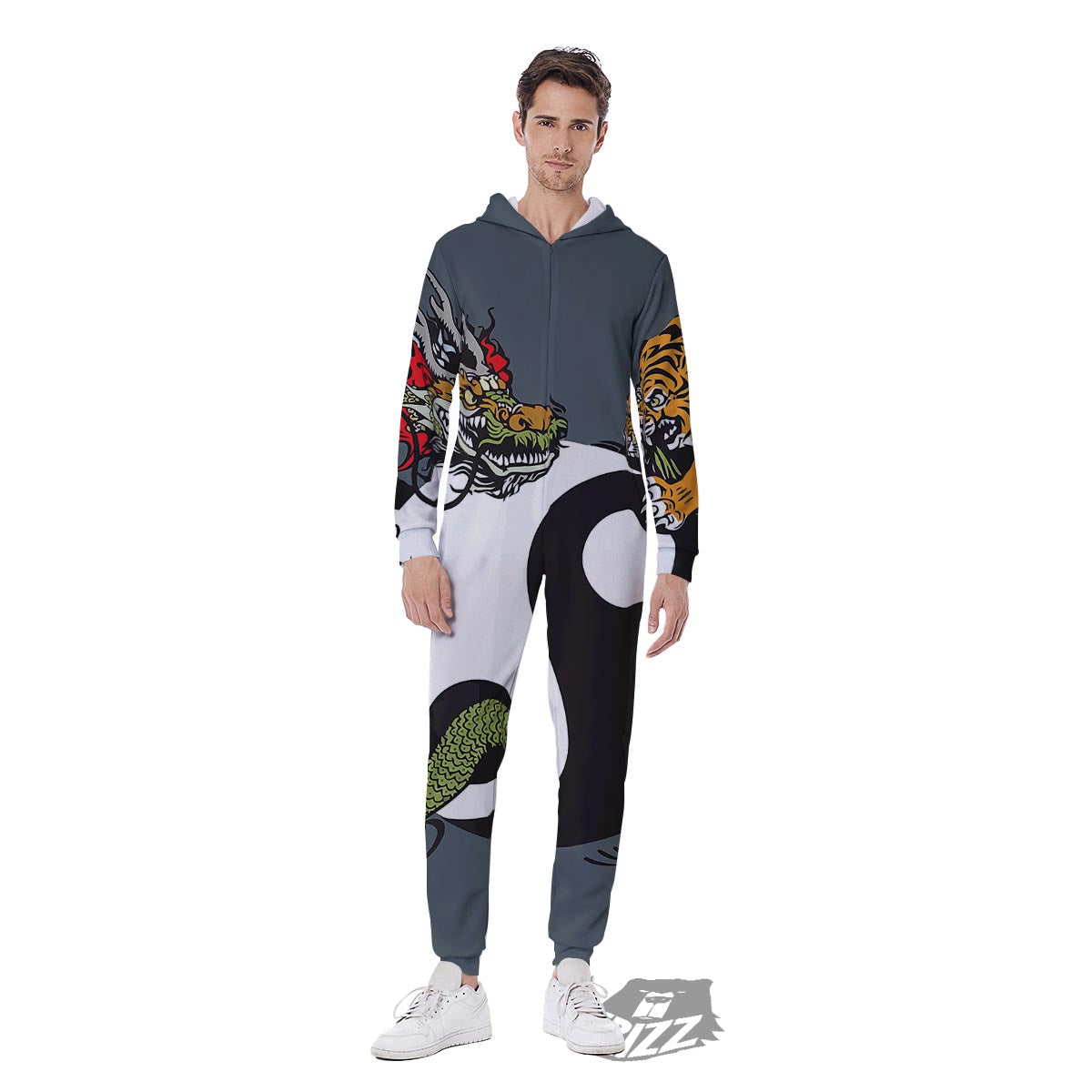 Yin Yang Dragon And Tiger Print Men's Jumpsuit-grizzshop