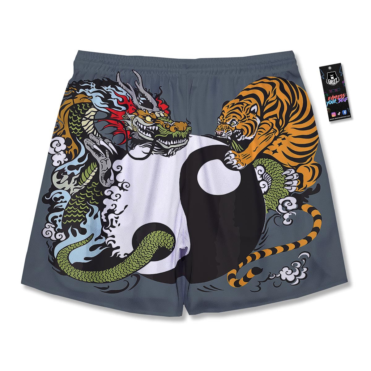 Yin Yang Dragon And Tiger Print Men's Running Shorts-grizzshop